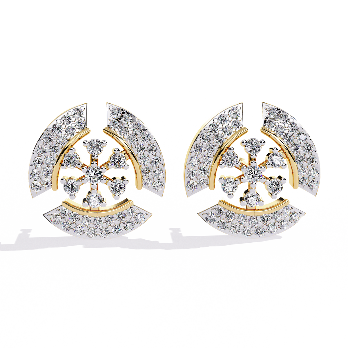0.5 CTW round diamond geometric circular pavé stud earrings in Yellow Gold, front view – Lunéa Paris