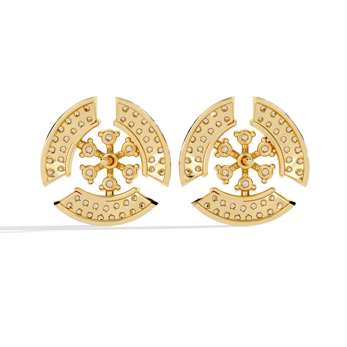 0.5 CTW round diamond geometric circular pavé stud earrings in Yellow Gold, rear view – Lunéa Paris
