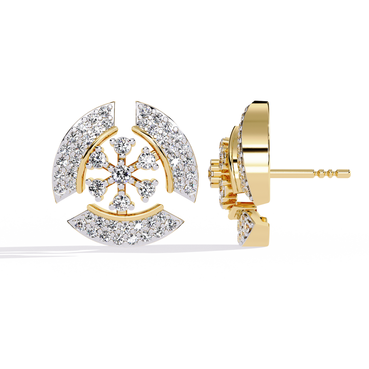 0.5 CTW round diamond geometric circular pavé stud earrings in Yellow Gold, side view – Lunéa Paris