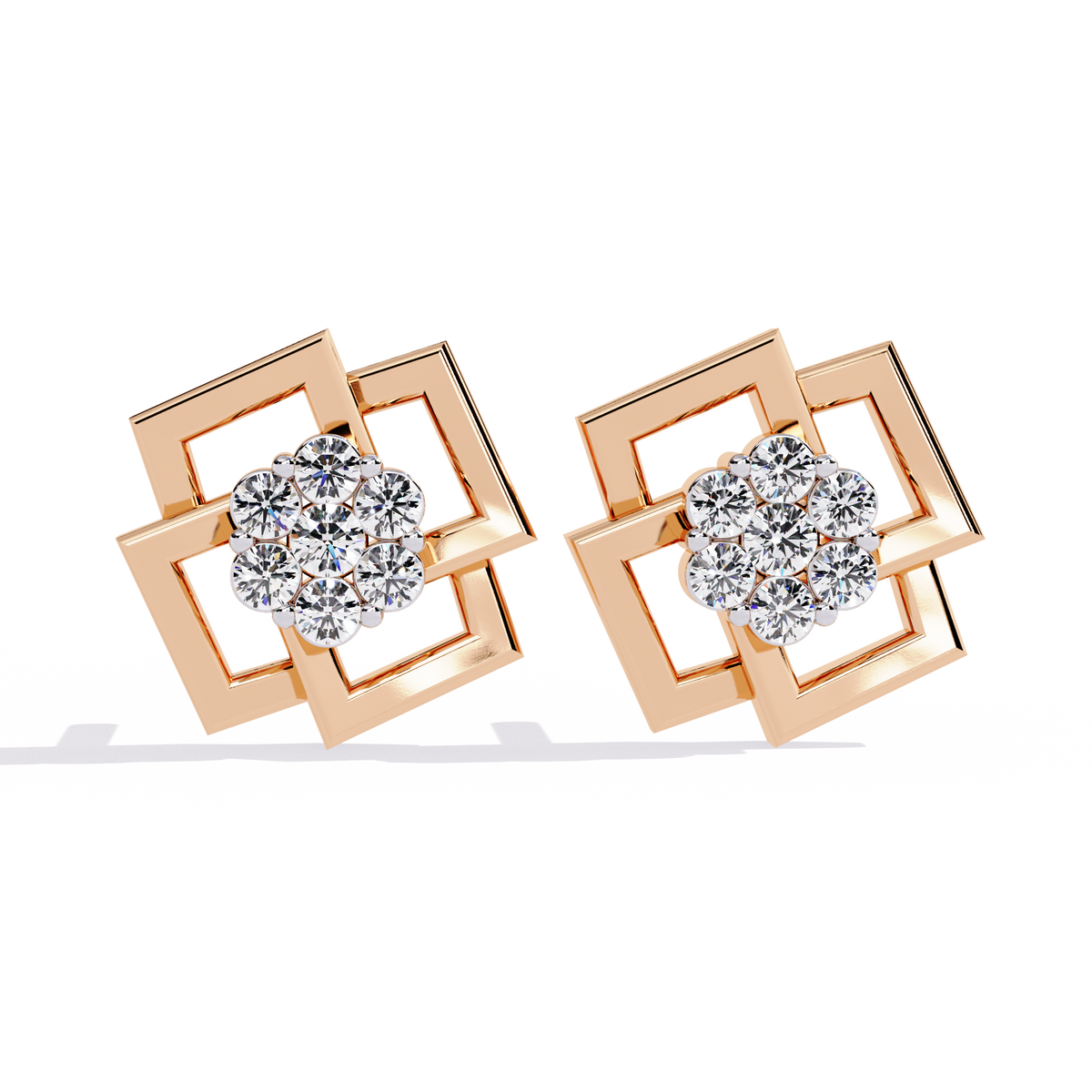 0.2 CTW round diamond geometric rosette stud earrings in Rose Gold, front view – Lunéa Paris
