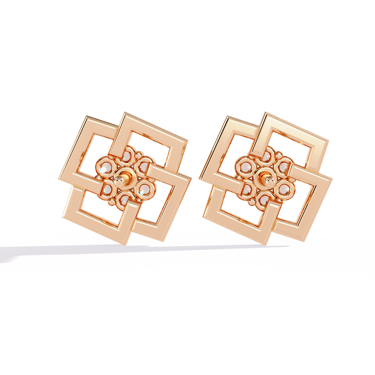 0.2 CTW round diamond geometric rosette stud earrings in Rose Gold, rear view – Lunéa Paris