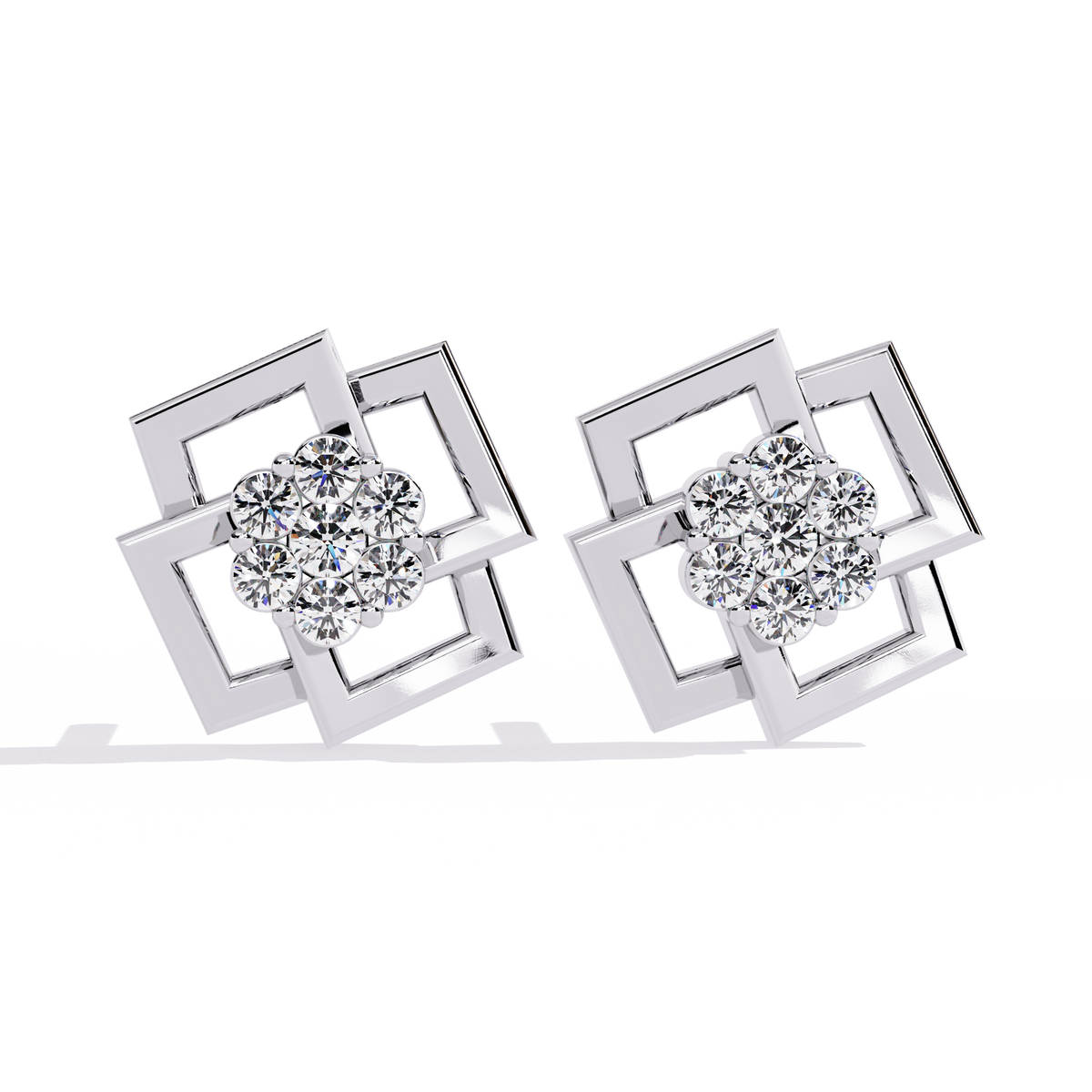 0.2 CTW round diamond geometric rosette stud earrings in White Gold, front view – Lunéa Paris