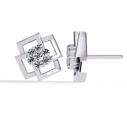 0.2 CTW round diamond geometric rosette stud earrings in White Gold, one front-facing and one side-facing – Lunéa Paris