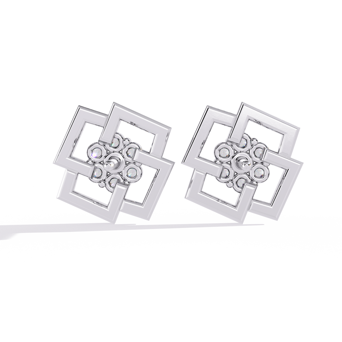 0.2 CTW round diamond geometric rosette stud earrings in White Gold, rear view – Lunéa Paris
