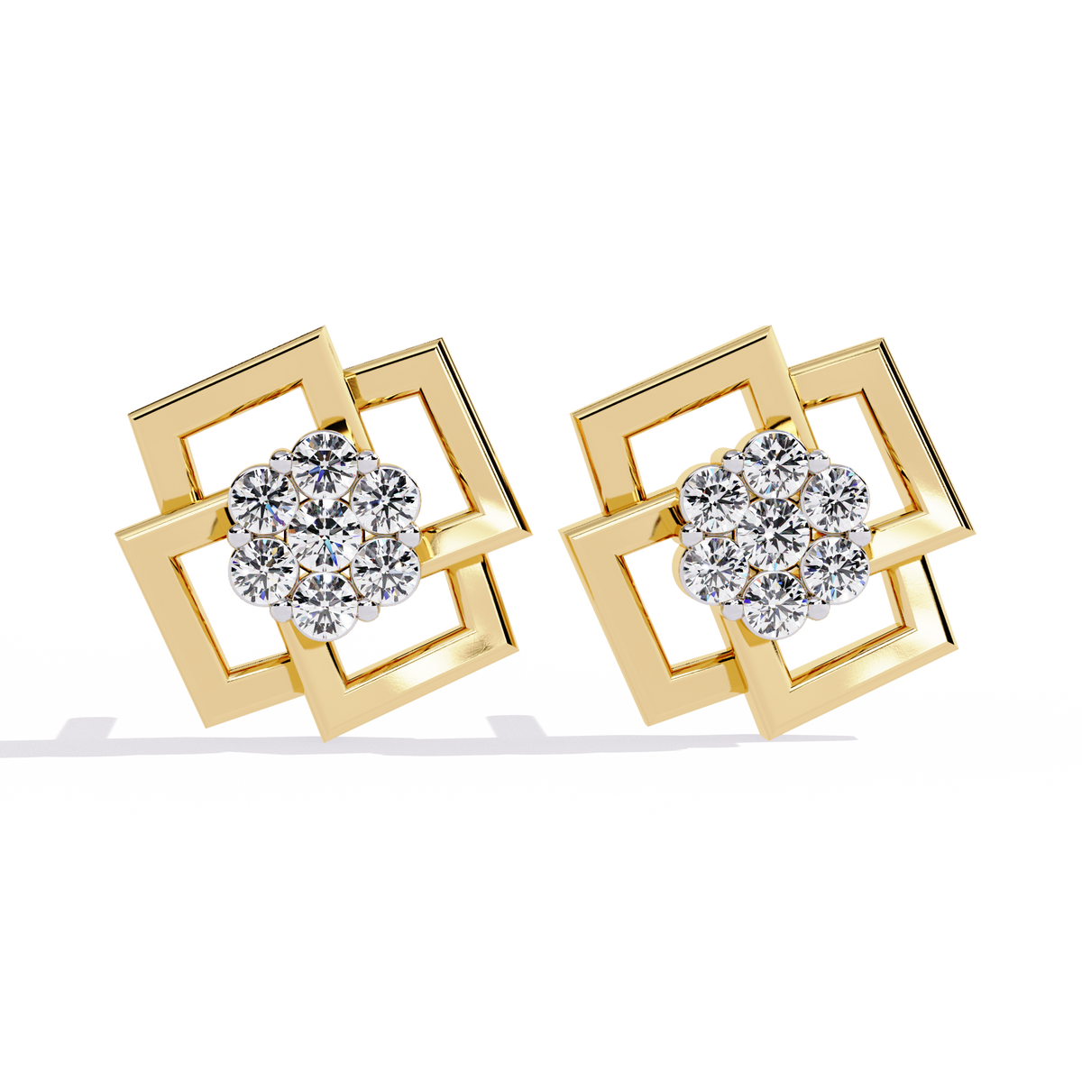 0.2 CTW round diamond geometric rosette stud earrings in Yellow Gold, rear view – Lunéa Paris
