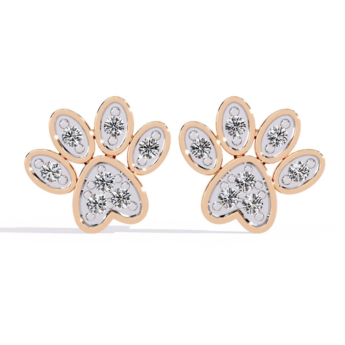 0.2 CTW round diamond paw-print stud earrings in Rose Gold, front view – Lunéa Paris