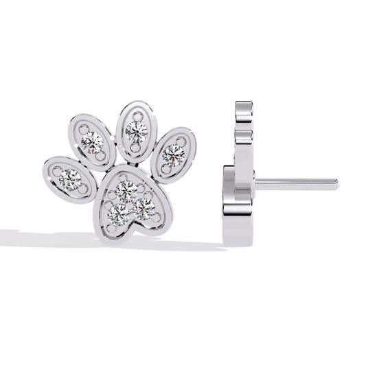 0.2 CTW round diamond paw-print stud earrings in White Gold, one front-facing and one side-facing – Lunéa Paris