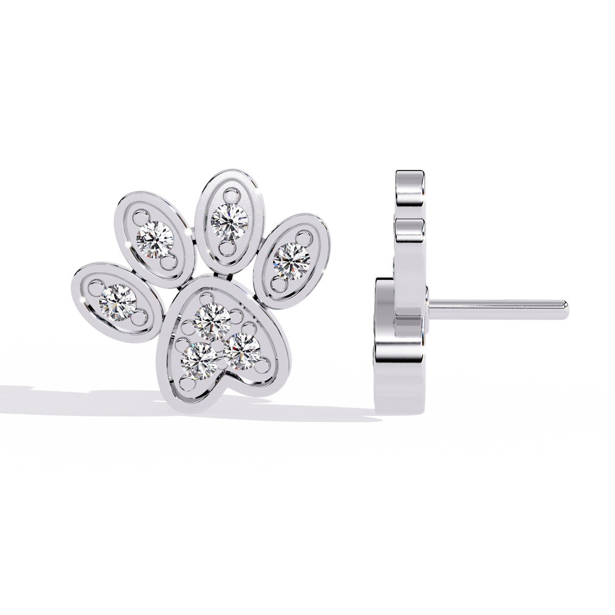 0.2 CTW round diamond paw-print stud earrings in White Gold, angled view – Lunéa Paris