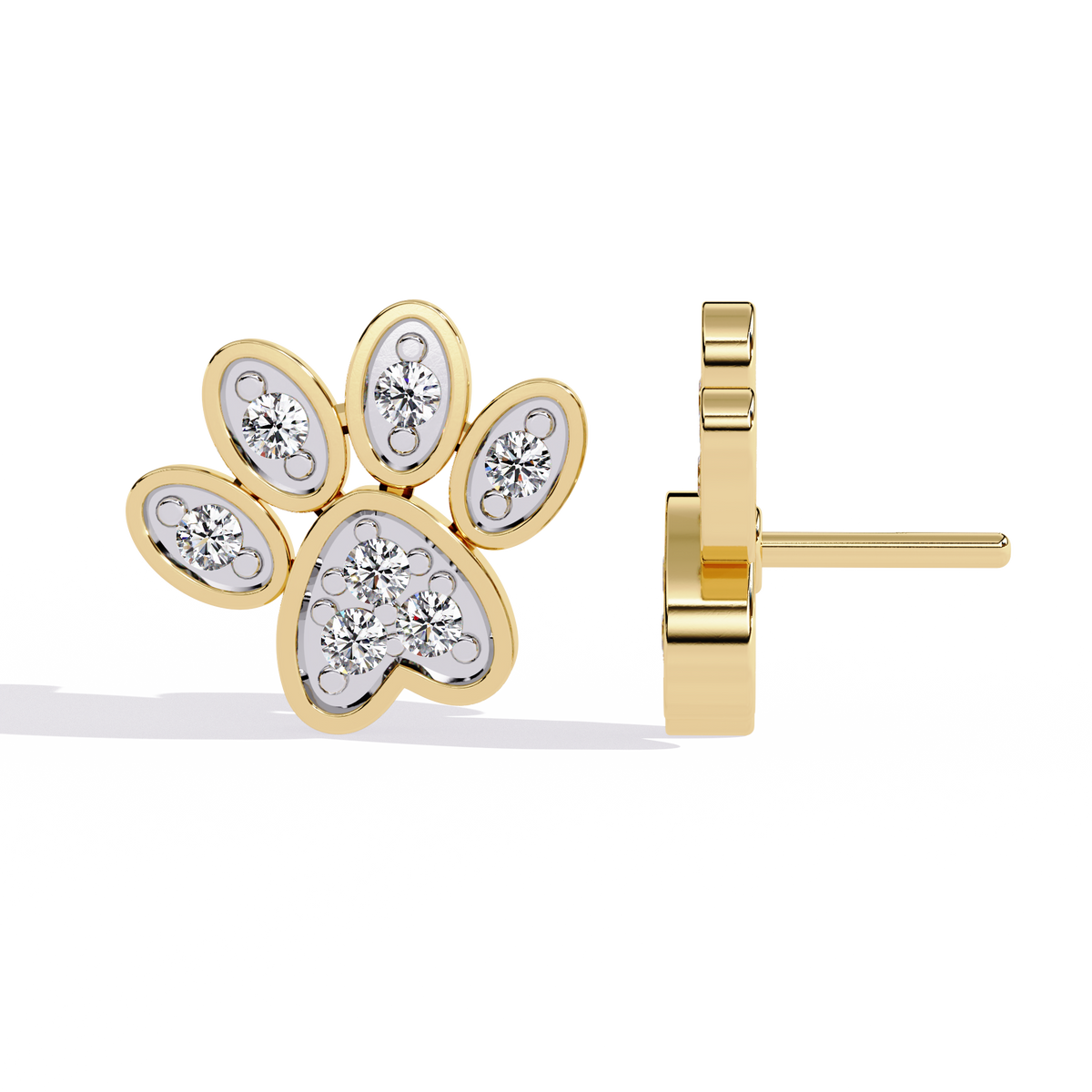 0.2 CTW round diamond paw-print stud earrings in Yellow Gold, angled view – Lunéa Paris