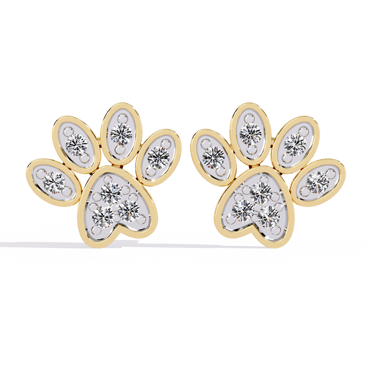 0.2 CTW round diamond paw-print stud earrings in Yellow Gold, front view – Lunéa Paris