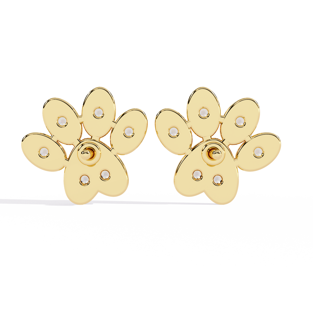 0.2 CTW round diamond paw-print stud earrings in Yellow Gold, rear view – Lunéa Paris