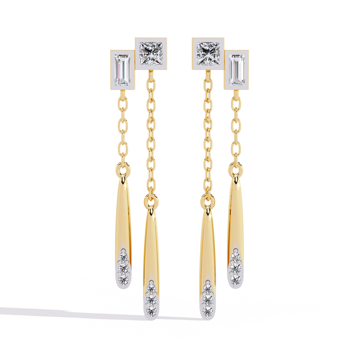 0.7 CTW princess baguette and round diamond double-chain drop earrings in Rose Gold, alternate front view – Lunéa Paris