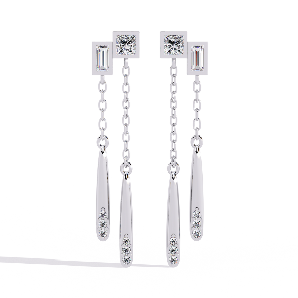 0.7 CTW princess baguette and round diamond double-chain drop earrings in White Gold, alternate front view – Lunéa Paris