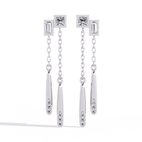 0.7 CTW princess baguette and round diamond double-chain drop earrings in White Gold, alternate front view – Lunéa Paris
