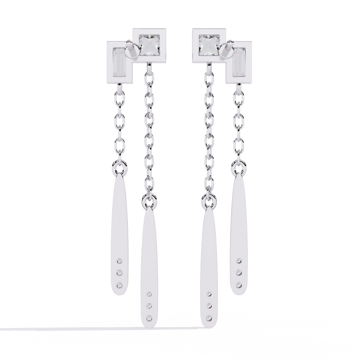 0.7 CTW princess baguette and round diamond double-chain drop earrings in White Gold, front view – Lunéa Paris