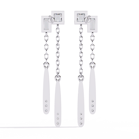 0.7 CTW princess baguette and round diamond double-chain drop earrings in White Gold, front view – Lunéa Paris
