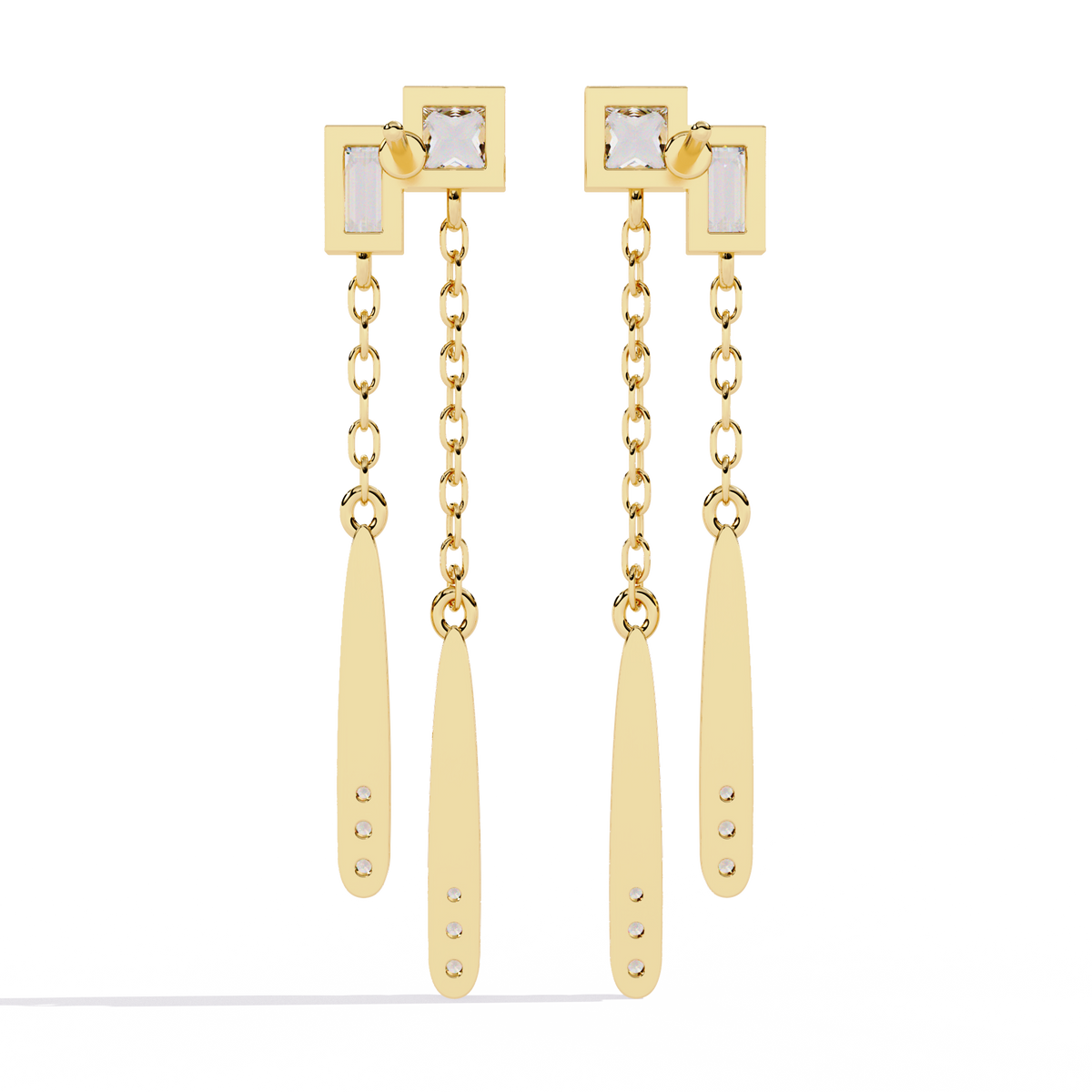 0.7 CTW princess baguette and round diamond double-chain drop earrings in Yellow Gold, front view – Lunéa Paris