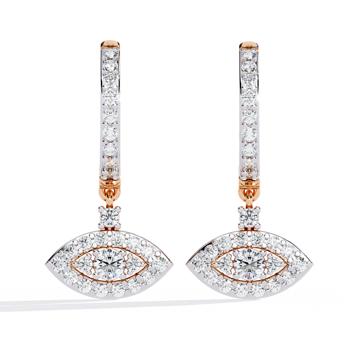 0.5 CTW round diamond evil-eye hoop drop earrings in Rose Gold, front view – Lunéa Paris