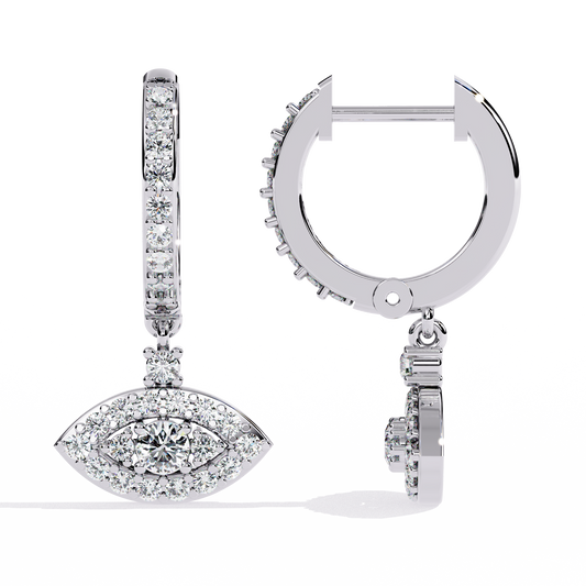 0.5 CTW round diamond evil-eye hoop drop earrings in White Gold, one front-facing and one side-facing – Lunéa Paris