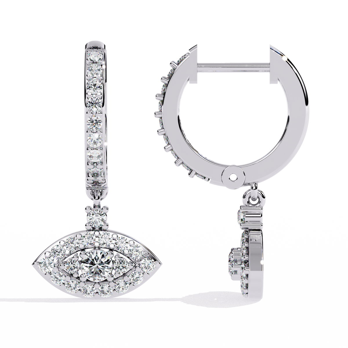 0.5 CTW round diamond evil-eye hoop drop earrings in White Gold, angled view – Lunéa Paris