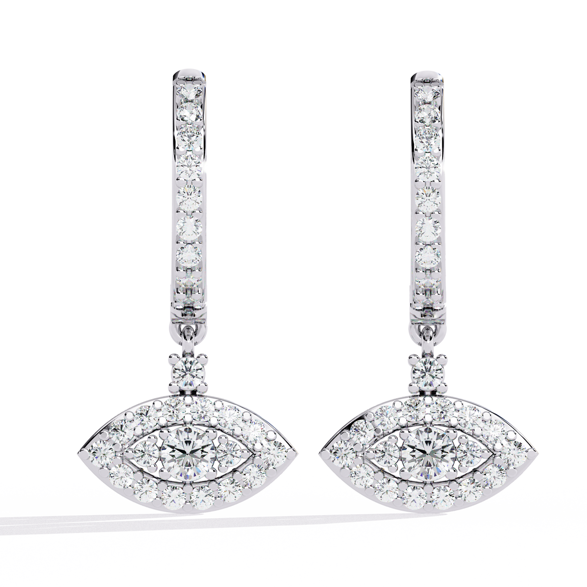 0.5 CTW round diamond evil-eye hoop drop earrings in White Gold, front view – Lunéa Paris