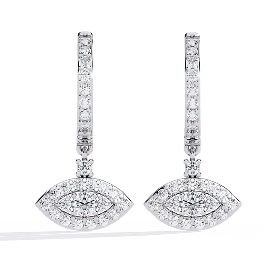 0.5 CTW round diamond evil-eye hoop drop earrings in White Gold, front view – Lunéa Paris