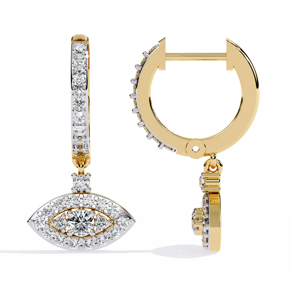0.5 CTW round diamond evil-eye hoop drop earrings in Yellow Gold, angled view – Lunéa Paris