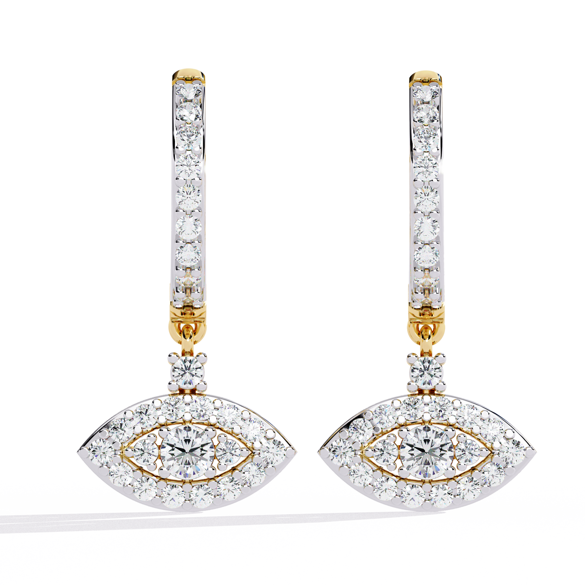 0.5 CTW round diamond evil-eye hoop drop earrings in Yellow Gold, front view – Lunéa Paris
