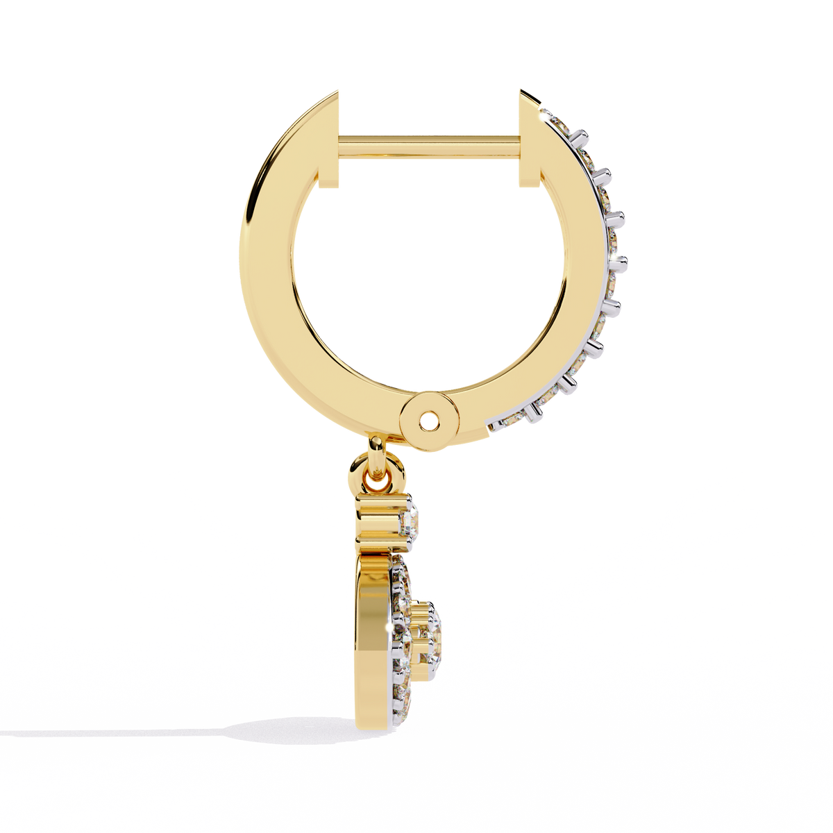 0.5 CTW round diamond evil-eye hoop drop earrings in Yellow Gold, rear view – Lunéa Paris