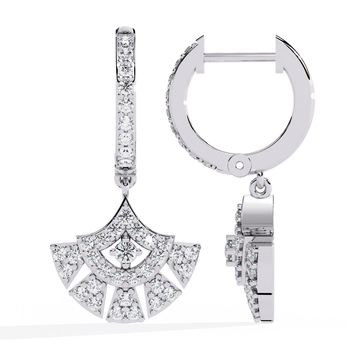 0.5 CTW round diamond fan pavé hoop drop earrings in White Gold, angled view – Lunéa Paris