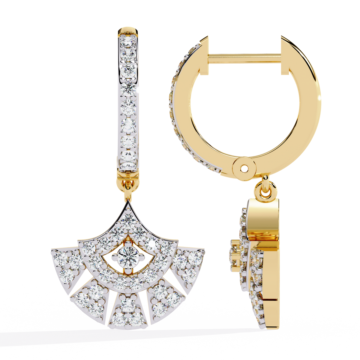 0.5 CTW round diamond fan pavé hoop drop earrings in Yellow Gold, angled view – Lunéa Paris