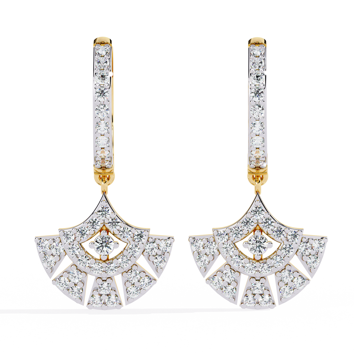 0.5 CTW round diamond fan pavé hoop drop earrings in Yellow Gold, front view – Lunéa Paris