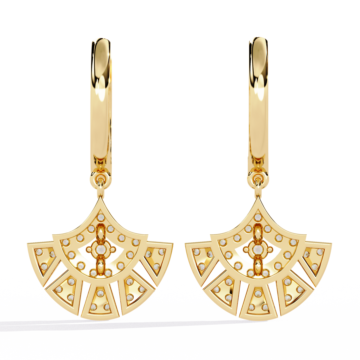 0.5 CTW round diamond fan pavé hoop drop earrings in Yellow Gold, rear view – Lunéa Paris