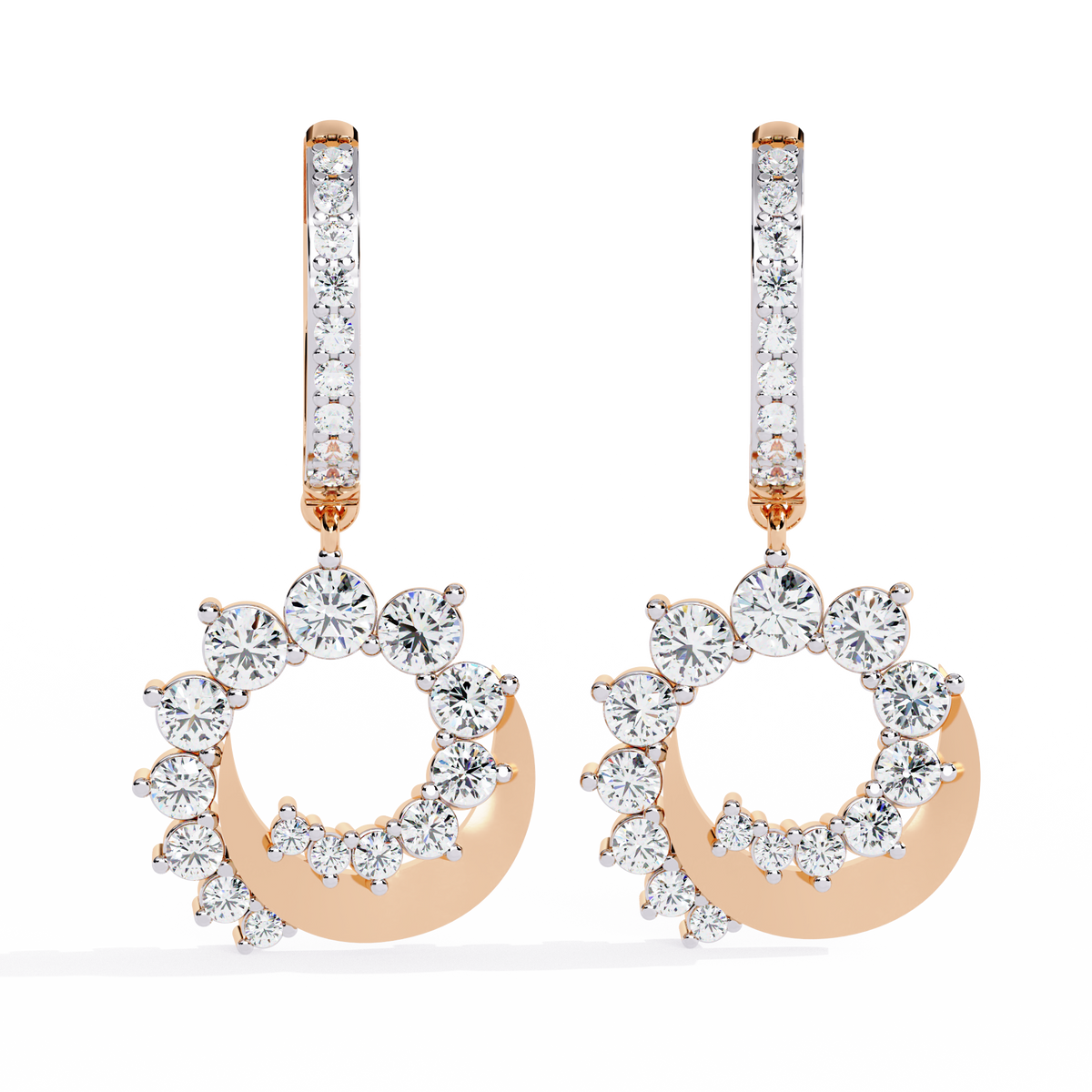 1.0 CTW round diamond crescent wreath hoop drop earrings in Rose Gold, front view – Lunéa Paris