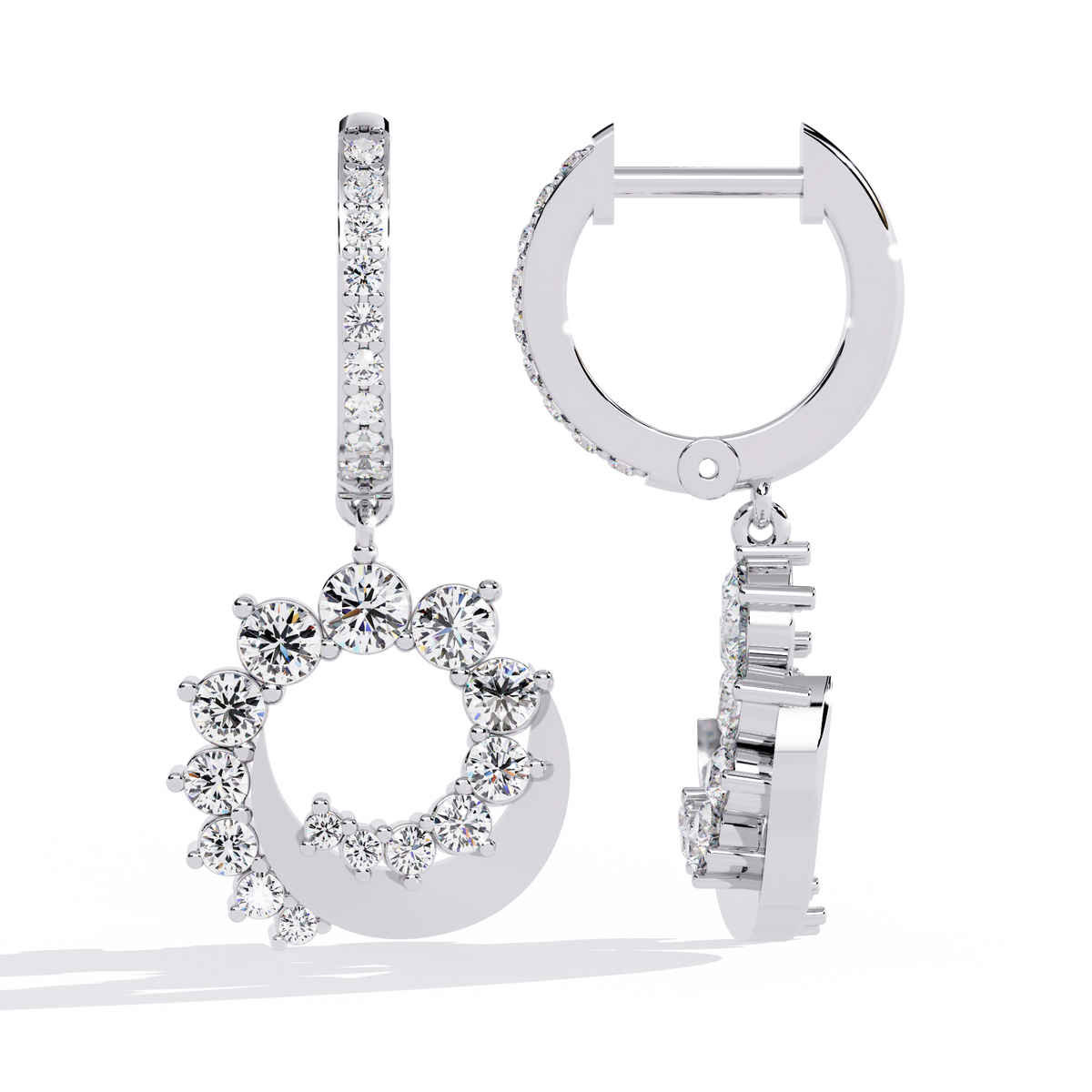 1.0 CTW round diamond crescent wreath hoop drop earrings in White Gold, angled view – Lunéa Paris