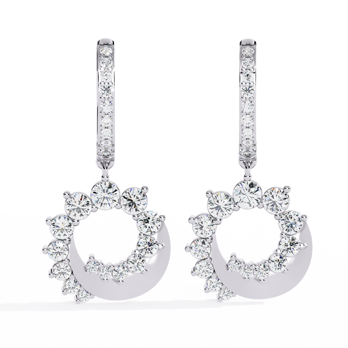 1.0 CTW round diamond crescent wreath hoop drop earrings in White Gold, front view – Lunéa Paris