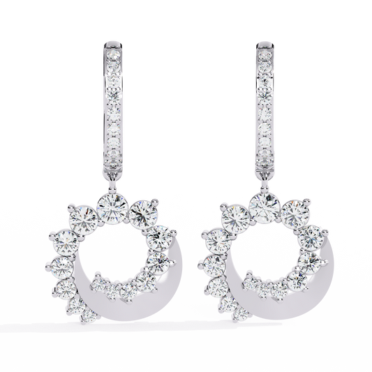 1.0 CTW round diamond crescent wreath hoop drop earrings in White Gold, front view – Lunéa Paris