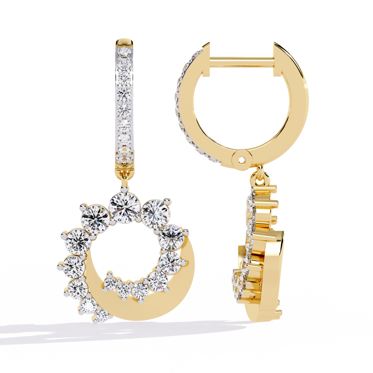 1.0 CTW round diamond crescent wreath hoop drop earrings in Yellow Gold, angled view – Lunéa Paris