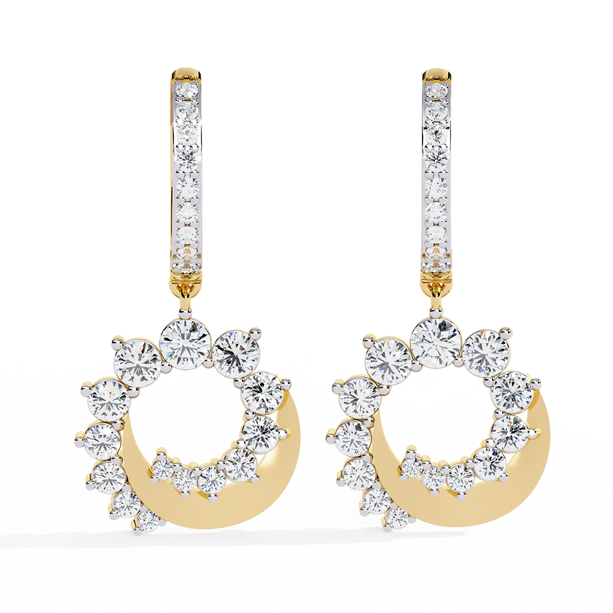 1.0 CTW round diamond crescent wreath hoop drop earrings in Yellow Gold, front view – Lunéa Paris