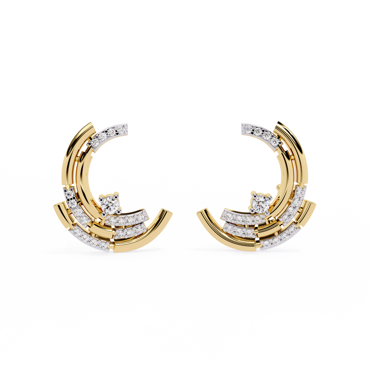 0.2 CTW round diamond sculptural swirl stud earrings in Yellow Gold, front view – Lunéa Paris