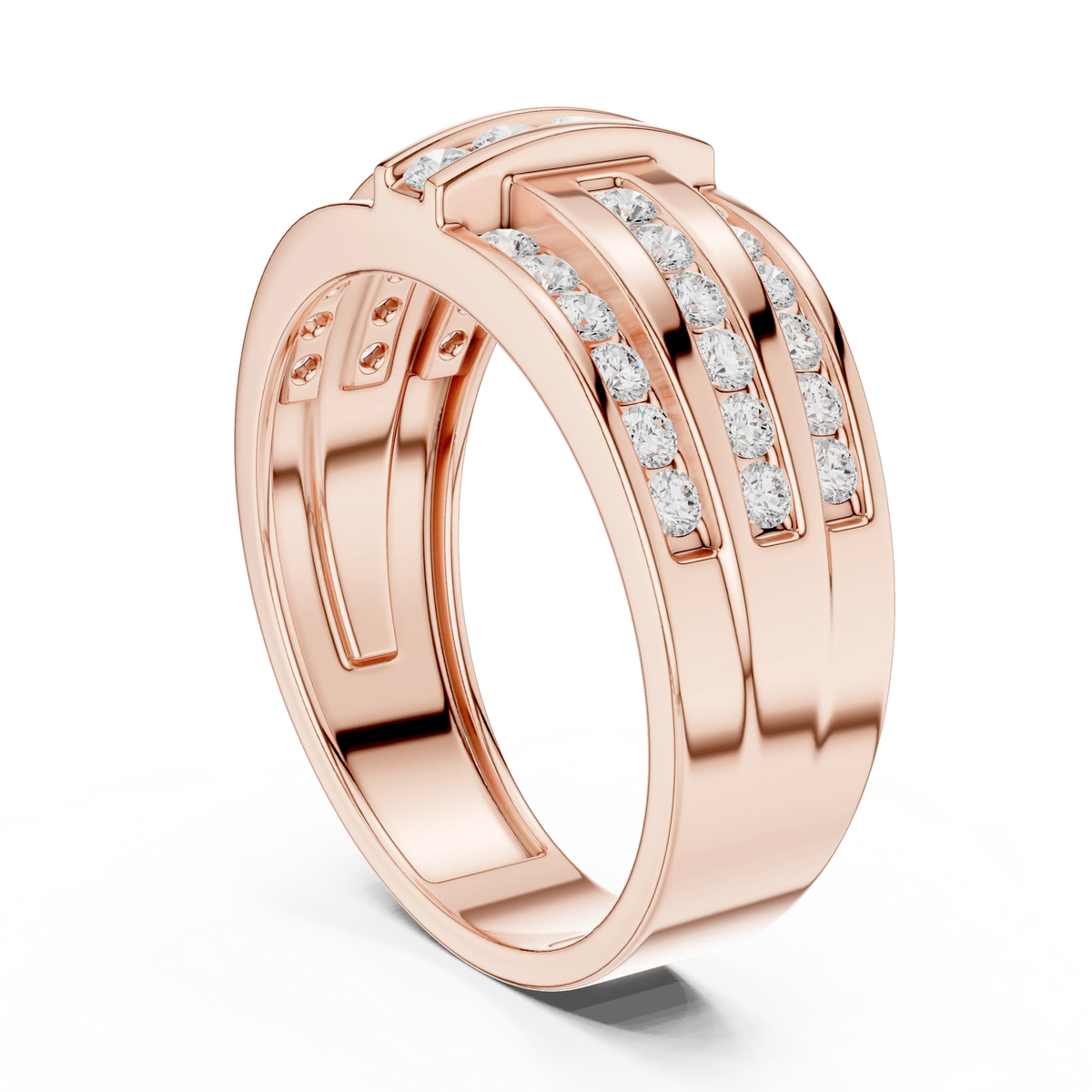0.75 CTW Multi-Row Round Lab-Grown Diamond Wide Band with Geometric Center Detail in 14K Gold
