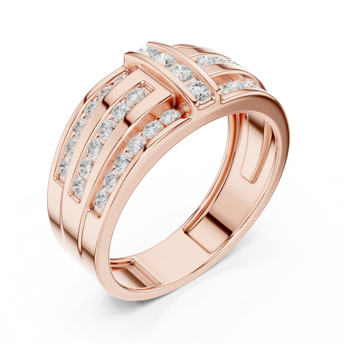 0.75 CTW Multi-Row Round Lab-Grown Diamond Wide Band with Geometric Center Detail in 14K Gold