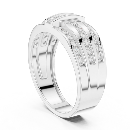 0.75 CTW Multi-Row Round Lab-Grown Diamond Wide Band with Geometric Center Detail in 14K Gold