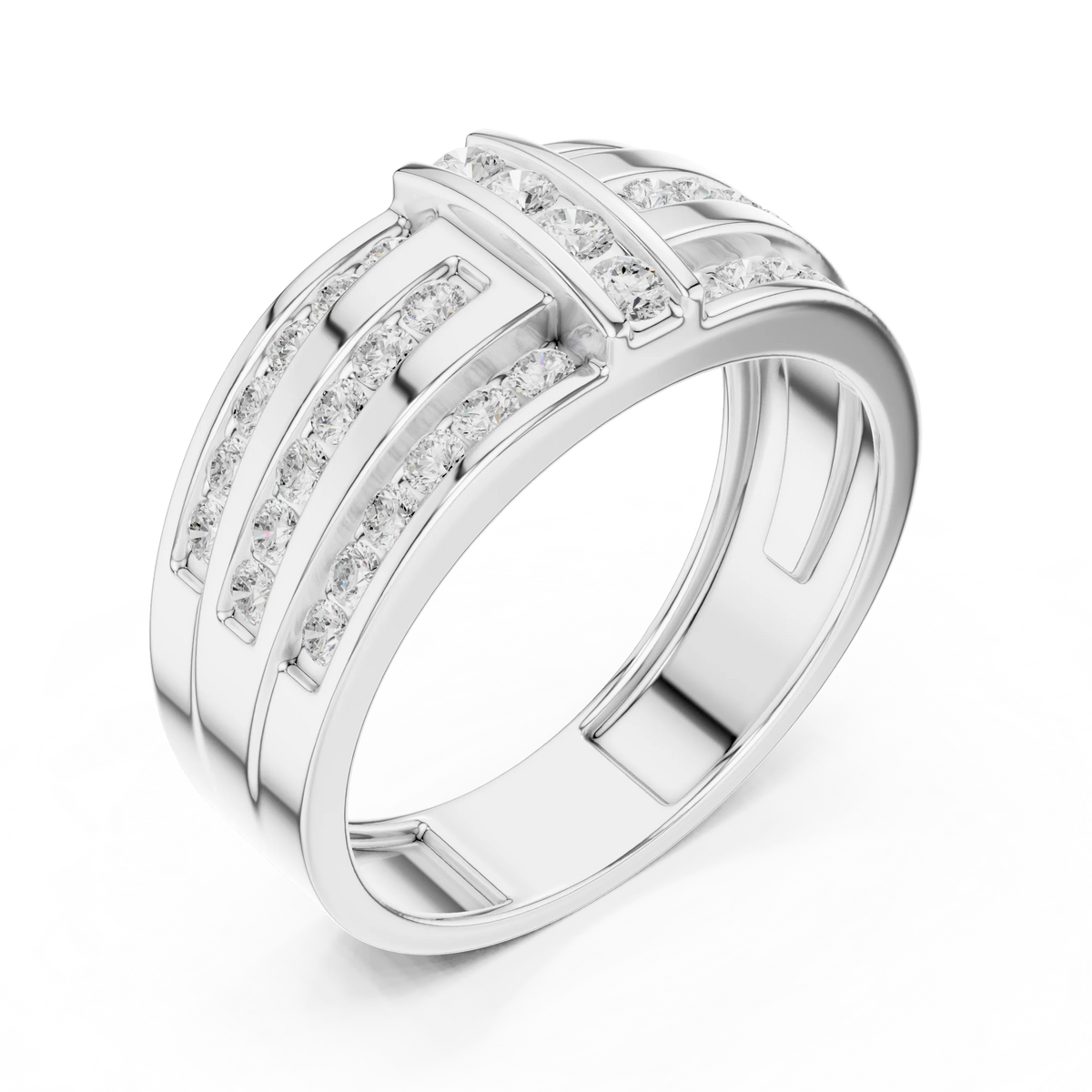 0.75 CTW Multi-Row Round Lab-Grown Diamond Wide Band with Geometric Center Detail in 14K Gold