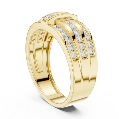 0.75 CTW Multi-Row Round Lab-Grown Diamond Wide Band with Geometric Center Detail in 14K Gold