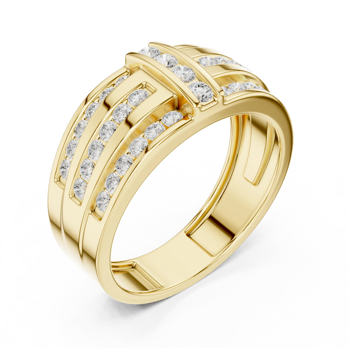 0.75 CTW Multi-Row Round Lab-Grown Diamond Wide Band with Geometric Center Detail in 14K Gold
