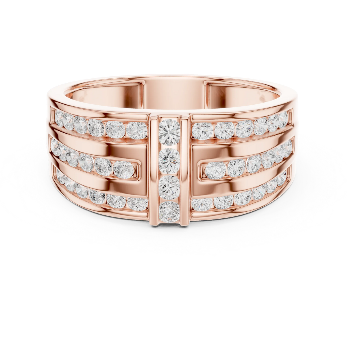 0.75 CTW Multi-Row Round Lab-Grown Diamond Wide Band with Geometric Center Detail in 14K Gold