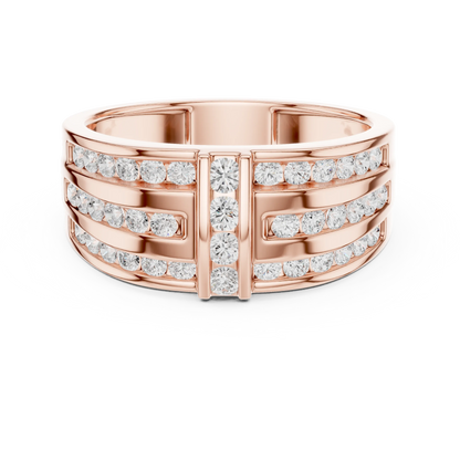 0.75 CTW Multi-Row Round Lab-Grown Diamond Wide Band with Geometric Center Detail in 14K Gold