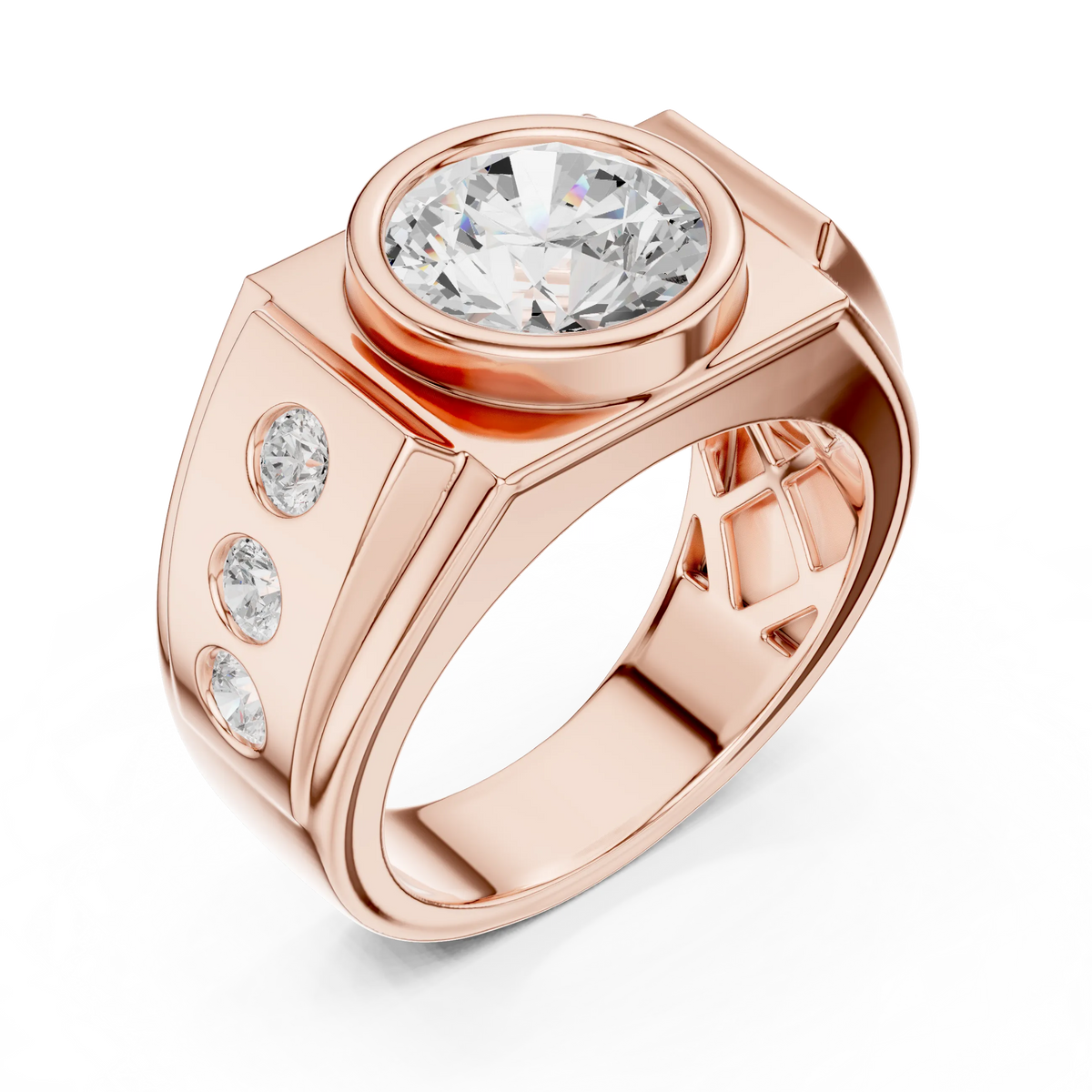 3.66 CTW Round Lab-Grown Diamond Bezel-Set Men’s Statement Ring with Side Diamonds in 14K Gold