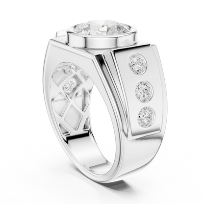 3.66 CTW Round Lab-Grown Diamond Bezel-Set Men’s Statement Ring with Side Diamonds in 14K Gold